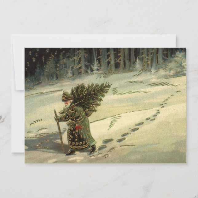 Jul i gammaldags stil, Tomte bärande ett träd Julkort (Framsida)