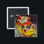 Jul i gammaldags stil, Tomte i rymdskepp Knapp<br><div class="desc">Gammaldags illustrations julbild med en glad 50-tals retro tomte som flyger ett science fiction rymdskepp över en sömnig stad på julafton.</div>