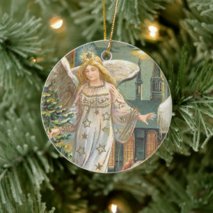 Jul i gammaldags stil, viktoriansk ängel med julgr julgransprydnad keramik