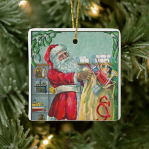 Jul i gammaldags stil, viktoriansk jultomte med le julgransprydnad keramik