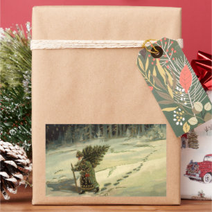 Jul i gammaldagsstil, Tomte som bär ett träd Rektangulärt Klistermärke