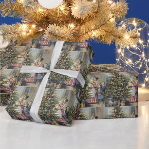 Jul i gammaldagsstil, viktoriansk familj runt träd presentpapper