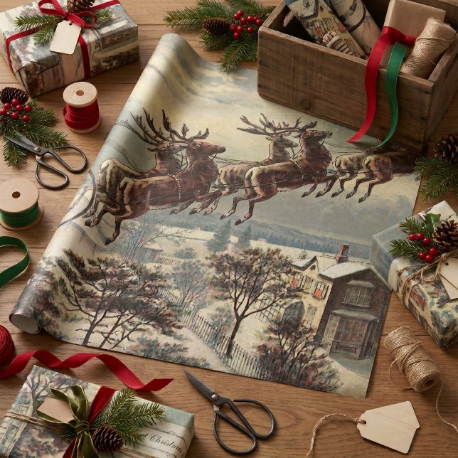 Jul i gammaldagsstil, viktoriansk jultomte i släde presentpapper (Vintage design featuring Santa Claus in his sleigh with reindeer delivering toys on Christmas Eve.)