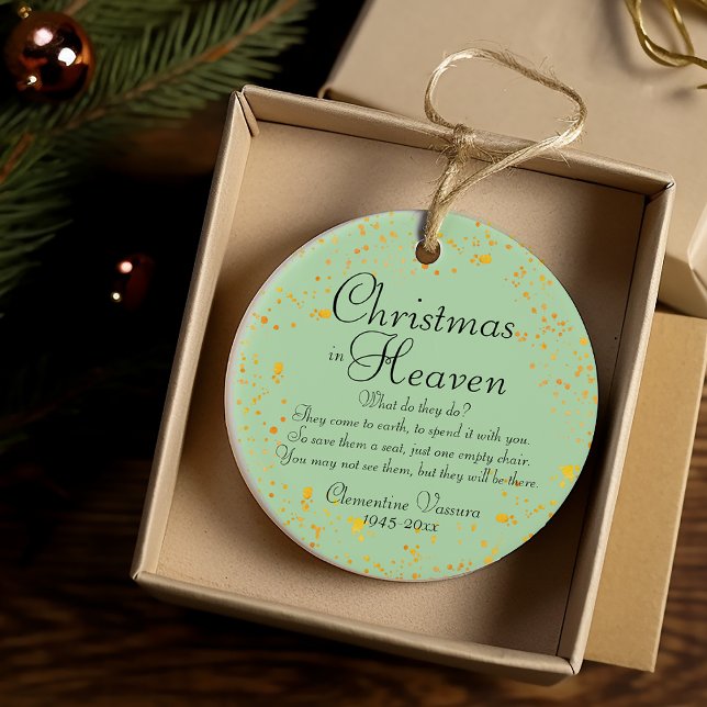 Jul i himlen Guldstänk Minnesfoto Julgransprydnad Keramik (Christmas In Heaven Gold Splatter Memorial Photo Ceramic Ornament)