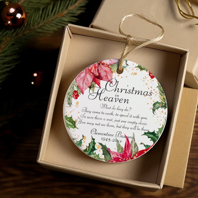 Jul i himlen Poinsettia Guld Memorial Photo Julgransprydnad Keramik (Christmas In Heaven Poinsettia Gold Spatter Memorial Photo Ceramic Ornament)