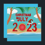 Jul i juli 2023 Watermelon Beach Inbjudningar<br><div class="desc">Julen i juli 2023 illustration med ett rött fet årtal 2023 som dekorerats med färgstarka ljuskedjor,  skuret vattenmelon och en röd Jultomten hatt. Visades på stranden med handflatan träd och vatten.</div>