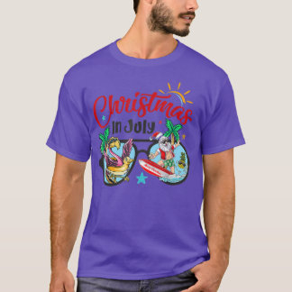 Jul i juli: Beach Flamingo Santa Surfing Sol T Shirt