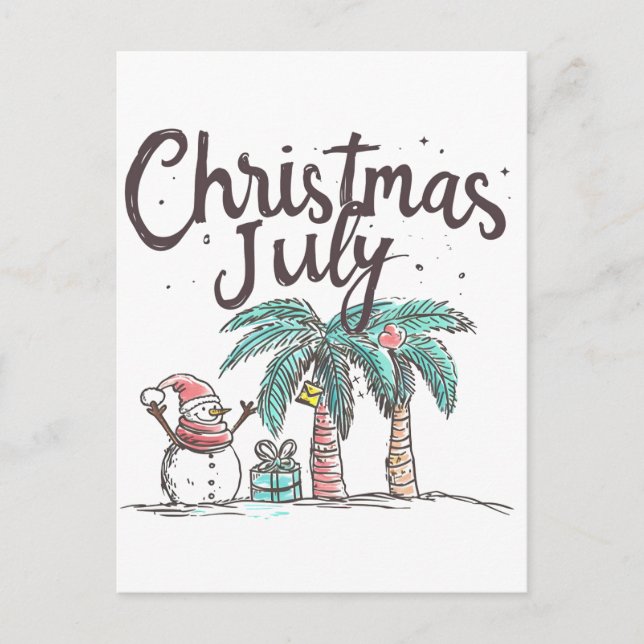 Jul i juli Beach Snögubbe Handflatan Träd, sommare Vykort (Framsida)