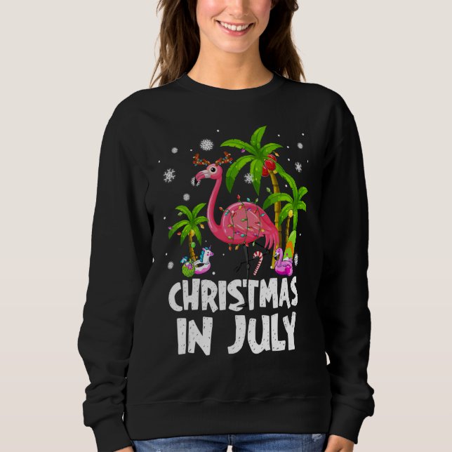 Jul i juli: Beach-sommaren Flamingo Handflatan Trä T Shirt (Framsida)