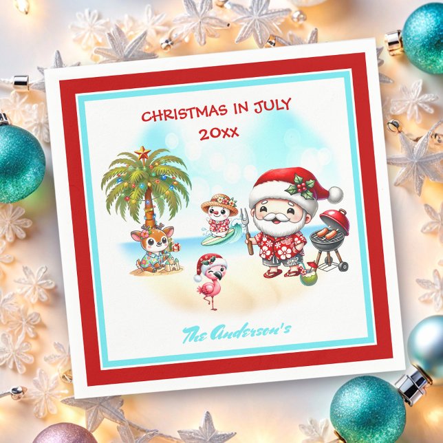 Jul i juli - den tropiska jultomten i juli pappersservett (Christmas In July Cute Santa Tropical Summer Napkins)