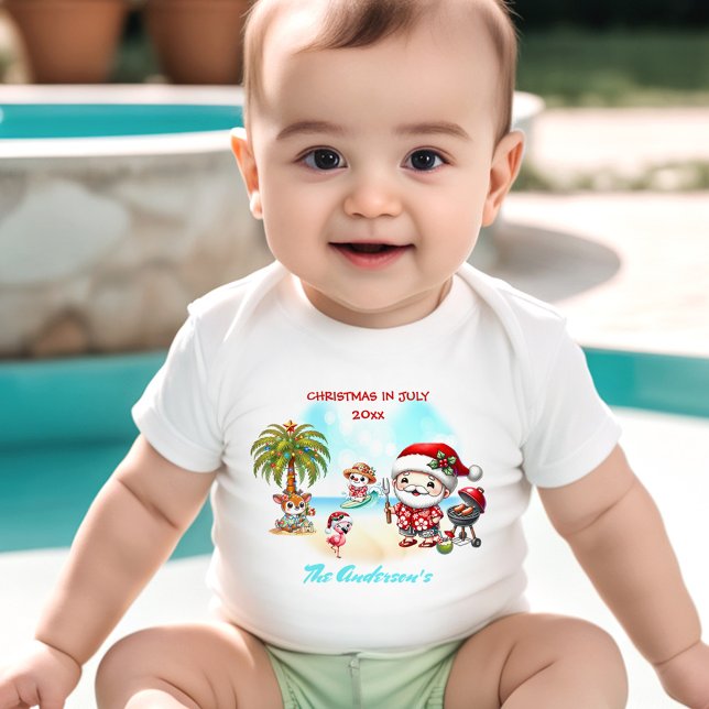 Jul i juli - den tropiska jultomten Namn T Shirt (Christmas In July Cute Santa Tropical Summer Name Baby Bodysuit)