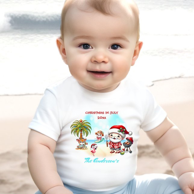 Jul i juli - den tropiska jultomten Namn T Shirt (Christmas In July Cute Santa Tropical Summer Name Baby T-Shirt)