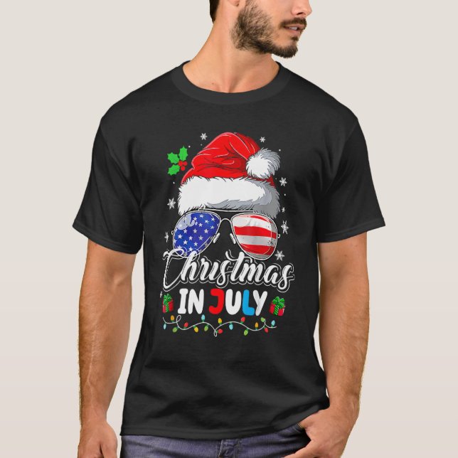 Jul i juli i Santa Hat USA flagga Sunglasses Su T Shirt (Framsida)