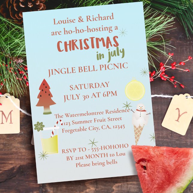 Jul i juli 🍉 Jingle Bell Picnic Inbjudningar (Get your guests holly jolly excited for your annual Christmas in July Picnic!)