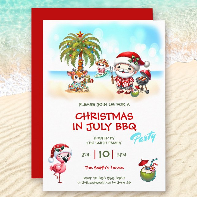 Jul i juli Kute jultomten Inbjudningar (Christmas In July Cute Santa Summer Christmas Invitation)