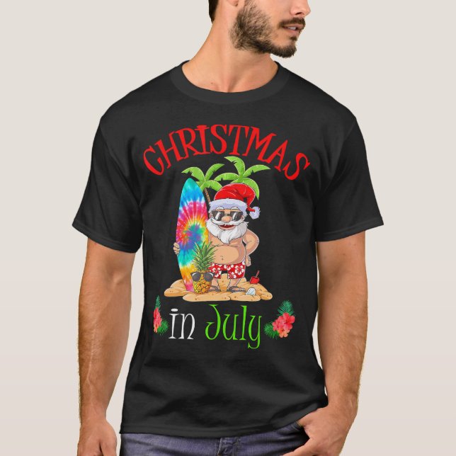 Jul i juli måndag: Finny Santa Surfing Sommar T Shirt (Framsida)