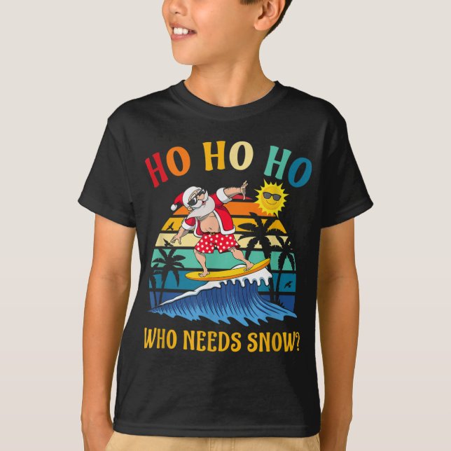 Jul i juli måndag: Finny Santa Surfing Summer Beac T Shirt (Framsida)