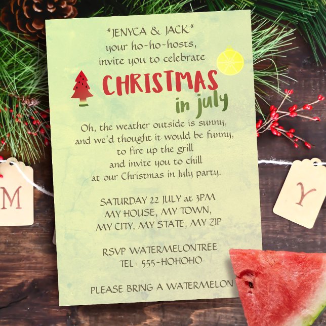 Jul i juli: Partiinbjudan Inbjudningar (🍉🎄 Light up that grill and grab a watermelon. There's a Christmas in July Party happening 🍉🎄)