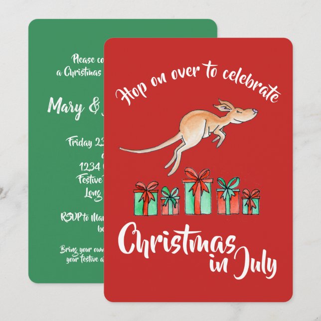 Jul i juli party kangaroo skutt över inbjudningar (Fram/baksida)