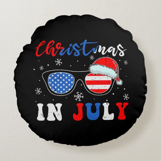 "Jul i juli" - Patriotiska solglasögon Rund Kudde (Framsidan)