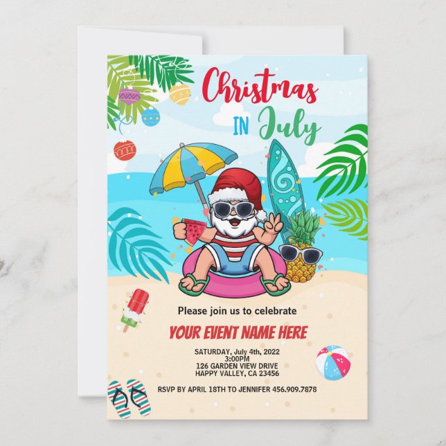 Jul i juli: Santa Beach Party Kid Vuxen Inbjudningar (Framsida)