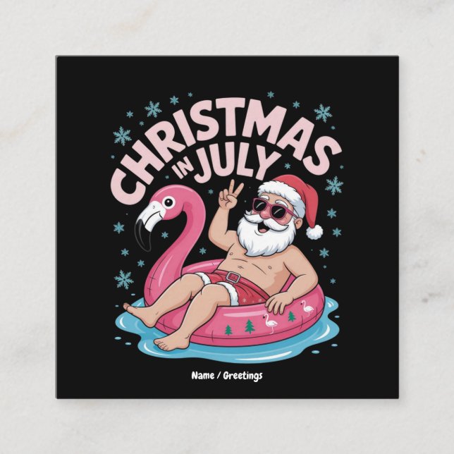 Jul i juli Santa Flamingo Funny Summer Julafton Fyrkantigt Visitkort (Framsida)