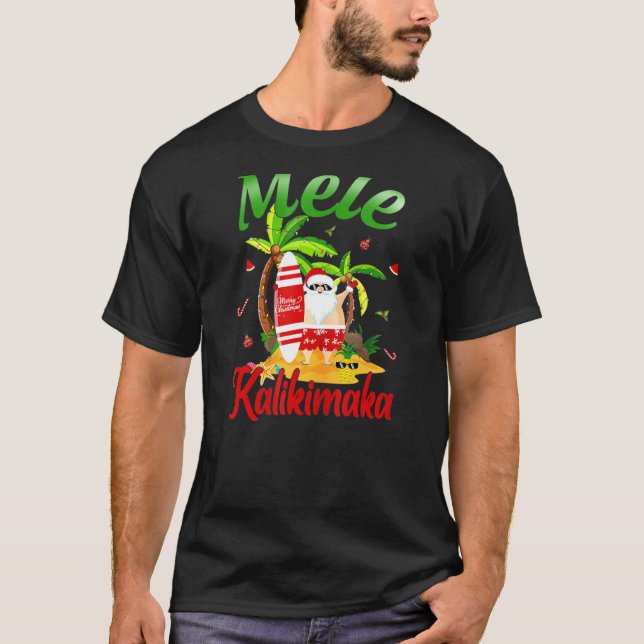 Jul i juli: Santa Surfing Funny Mele Kalikim T Shirt (Framsida)