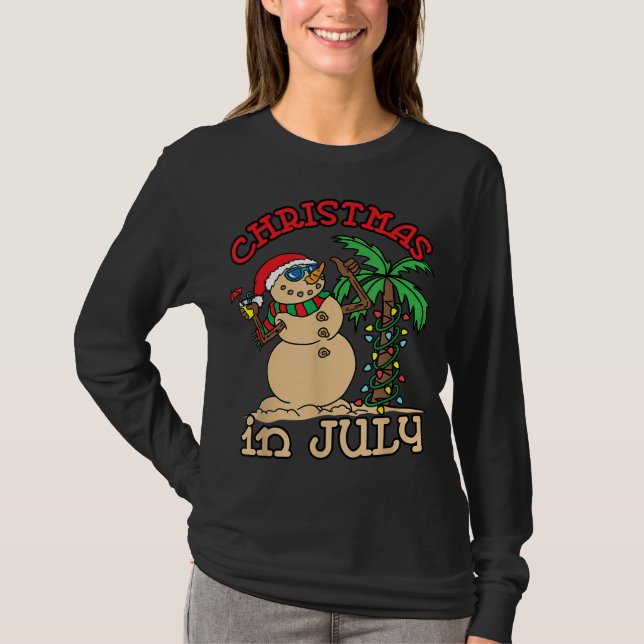 Jul i juli Snögubbe Sand Handflatan Träd, sommaren T Shirt (Framsida)