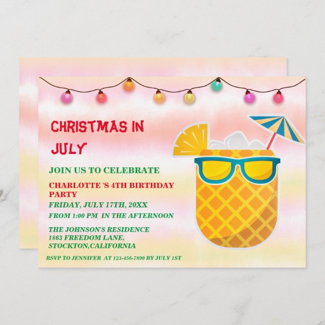 Jul i juli Sommar Födelsedagsfest  Inbjudningar (Fram/baksida)