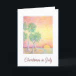 Jul i juli Tropical Beach Helgkort<br><div class="desc">Julen i juli viks ett hälsningskort med manustypografi och tropisk stranddesign med handflatan träd vid solnedgången. Med röd anpassade kan du lägga till egen information. Ett festligt sätt att skicka helgdag önskemål till nära och kära.</div>
