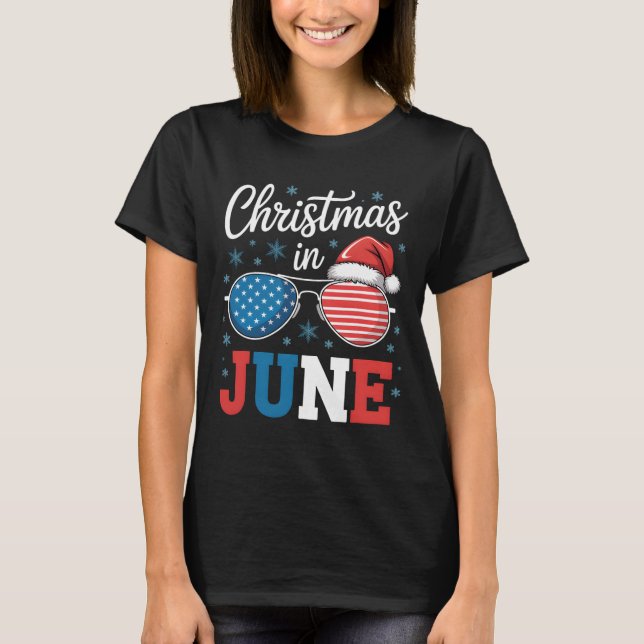 Jul i juni Sungles Santa Hat Us Flagga Vacati T Shirt (Framsida)