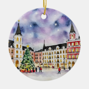 Jul i Madrid Spanien - vattenfärg Julgransprydnad Keramik