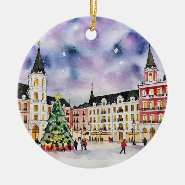 Jul i Madrid Spanien - vattenfärg Julgransprydnad Keramik (Framsidan)