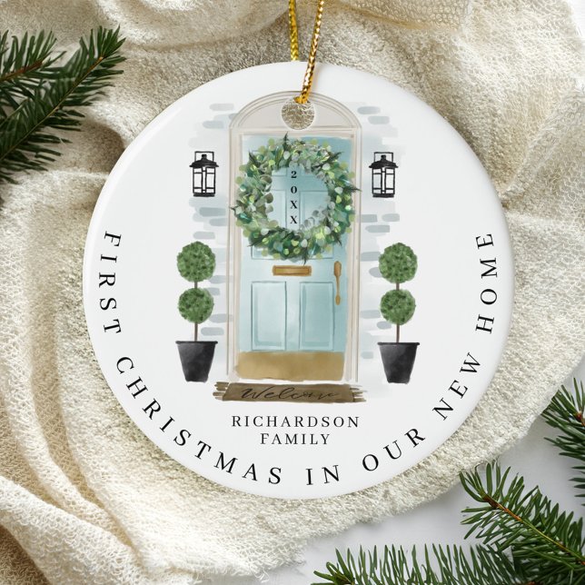 Jul i nytt vattenfärgen Teal Door Utandning Julgransprydnad Keramik (Christmas In New Home Watercolor Teal Door Wreath Ceramic Ornament)