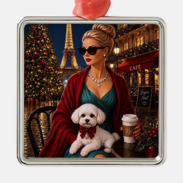 Jul i Paris,Poodle Holiday Julgransprydnad Metall (Framsidan)