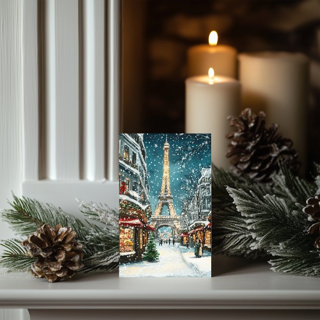 Jul i Paris: Snowy Eiffel Torn Natten Helgkort (Skapare uppladdad)