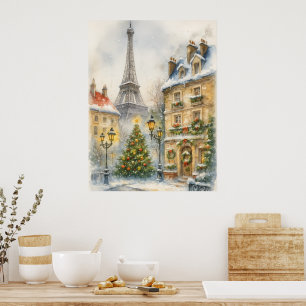 Jul i Paris Vattenfärg Scen med Eiffeltornet Poster