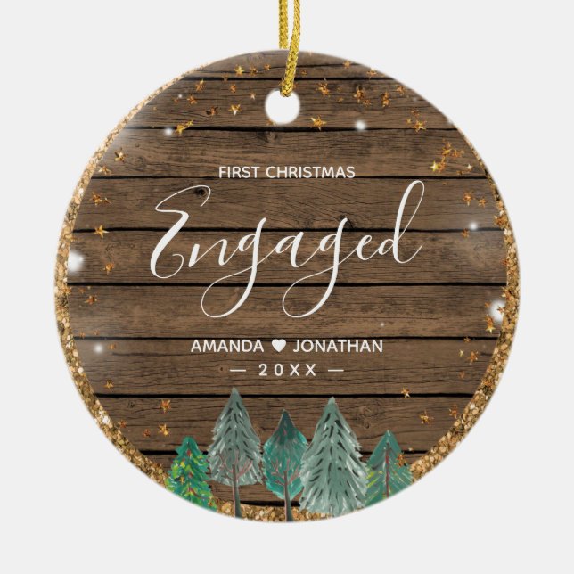 Jul i Rustic Wood Gräs Träd Engaged Julgransprydnad Keramik (Framsidan)