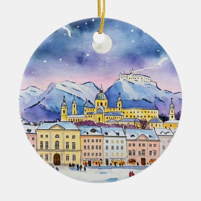 Jul i Salzburg, Österrike, vattenfärg Julgransprydnad Keramik (Framsidan)