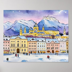 Jul i Salzburg, Österrike, vattenfärg Poster