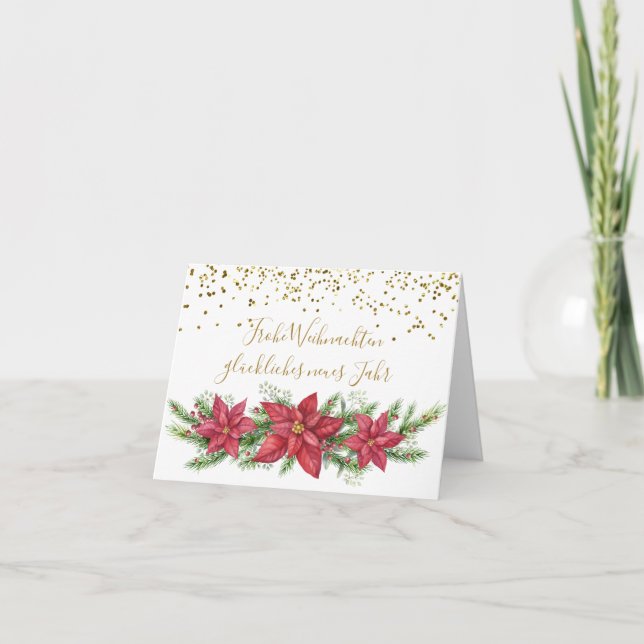Jul i Tyskland, Poinsettia, gräs, guld konetti Helgkort (Framsida)