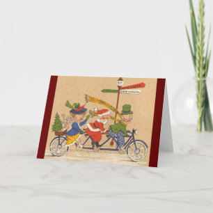 Jul i vintage-stil, viktoriansk jultomte på cykel helgkort