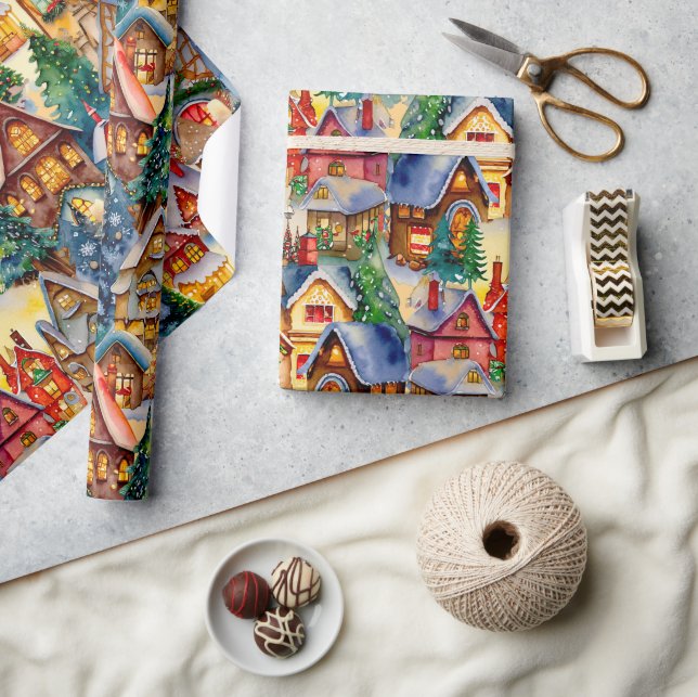 Jul i Whimsical Village Watercolor Mönster Presentpapper (Hantverk)