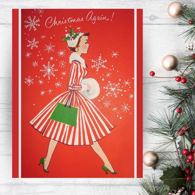 Jul igen 1950-talet Mode Dam Anpassningsbar Julkort (Christmas Again 1950s Fashion Lady Custom Holiday Card. Add a special message and your name!)