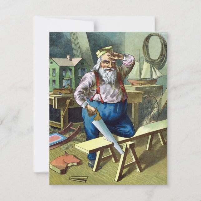 Jul igen, Tomte bygger leksaker såg Julkort (Framsida)