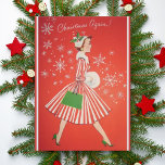Jul igen Vintagen 1950-talet Mode Dam Helgkort<br><div class="desc">Det här mitt på århundradet-kortet har ett mycket modernt dam som bär en röd och vit julklapp med grönt och väska tillsammans med en vit päls muff, färg och hatt med en sprit mistletoe. Dekorativt snöflingor omger henne med texten "Jul igen!" Du kan ändra inställningen inuti kortet helt eller redigera...</div>