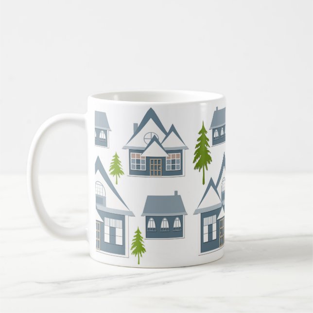 jul illustration vinter hus träd grå vit kaffemugg (Vänster)