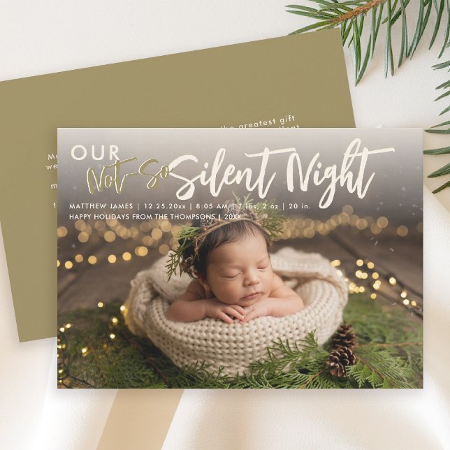 Jul: Inte tyst Night Guld Funny Baby Photo Meddelande (christmas family card baby announcement not so silent night cute funny humorous gold)