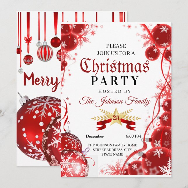 Jul Invitation | röd ornament Invitation Inbjudningar (Fram/baksida)