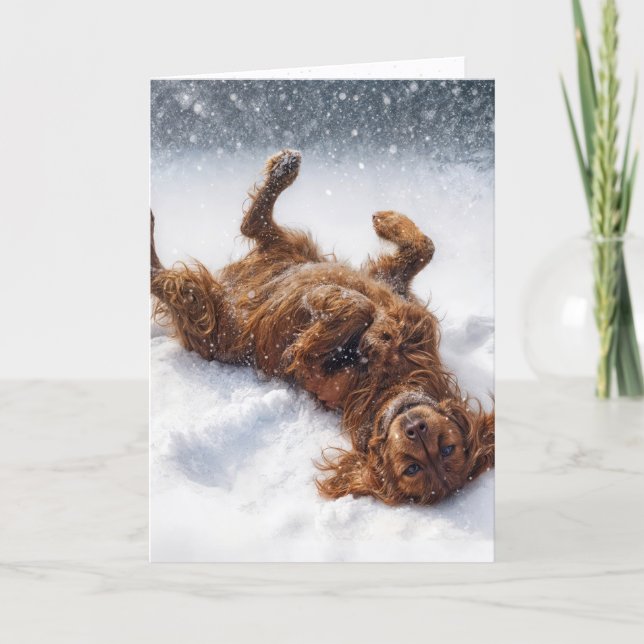 Jul Irish Setter gör en snöängel Helgkort (Framsida)